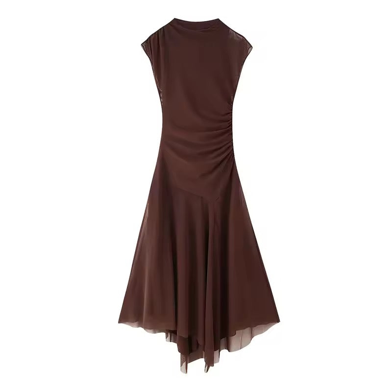 Side-Ruched Mesh Midi Dress