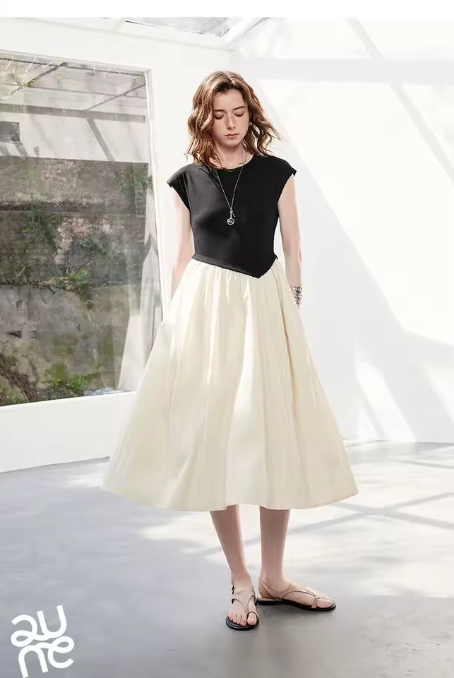 Asymmetric Contrast Midi Dress