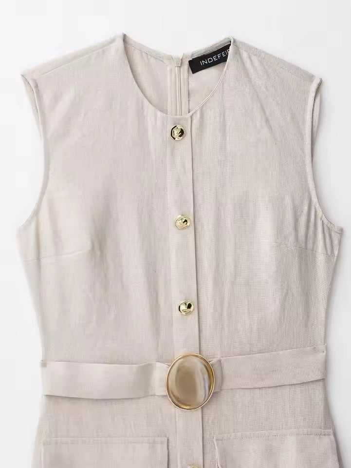 Linen Midi Dress with Belt