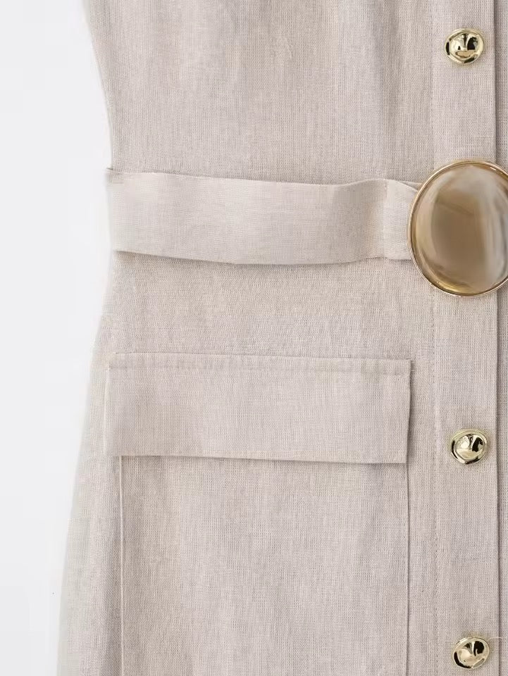 Linen Midi Dress with Belt