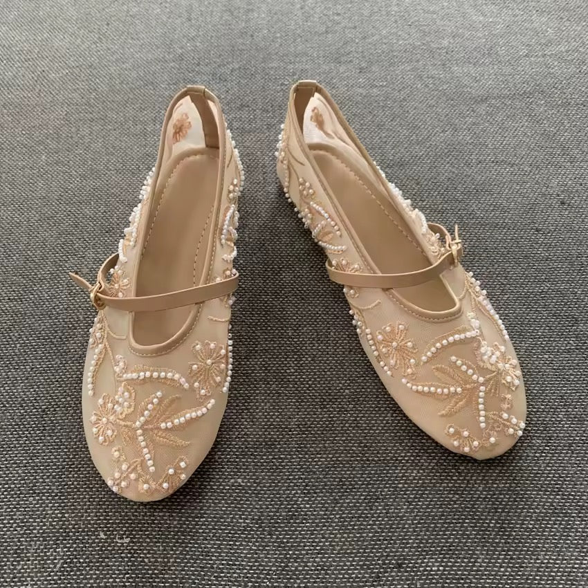 Embroidered Pearl Mary Janes