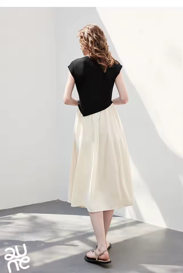 Asymmetric Contrast Midi Dress