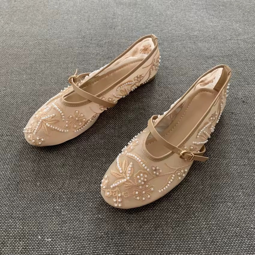 Embroidered Pearl Mary Janes