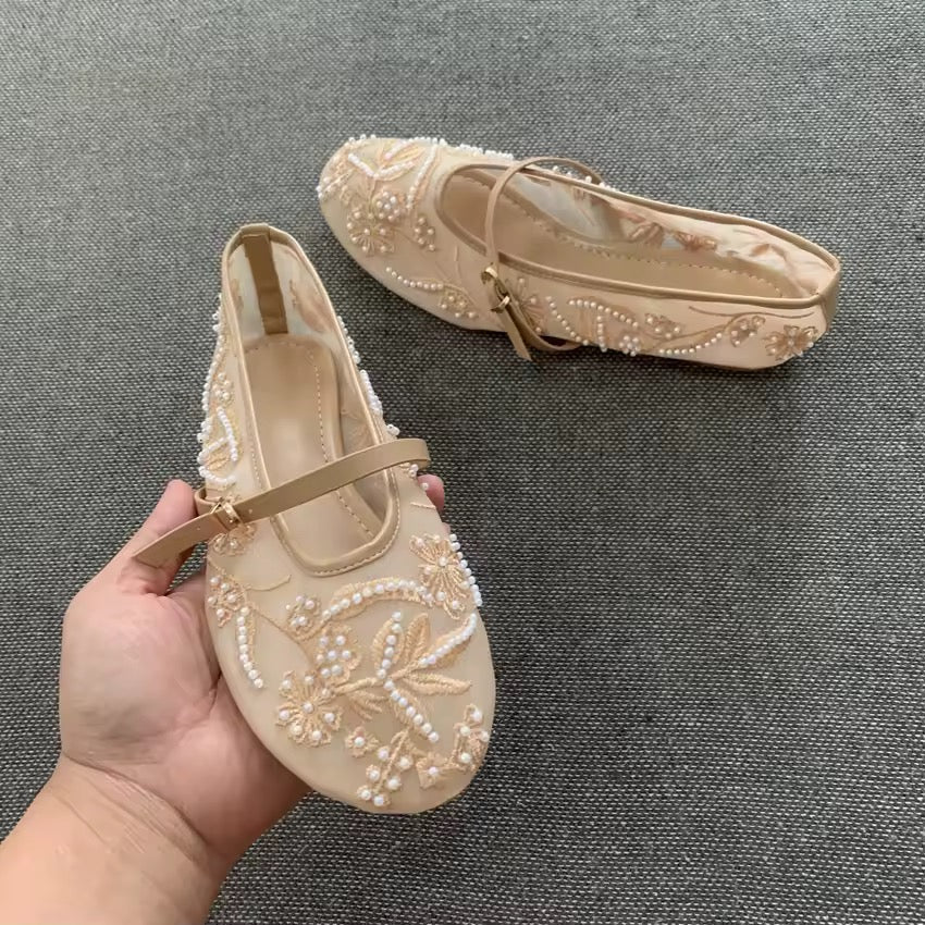 Embroidered Pearl Mary Janes