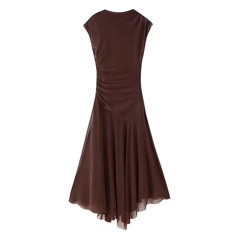 Side-Ruched Mesh Midi Dress