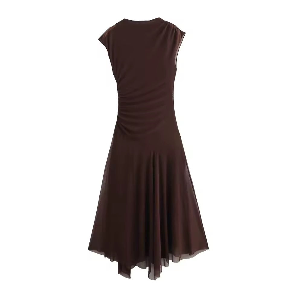 Side-Ruched Mesh Midi Dress