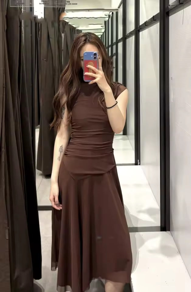 Side-Ruched Mesh Midi Dress